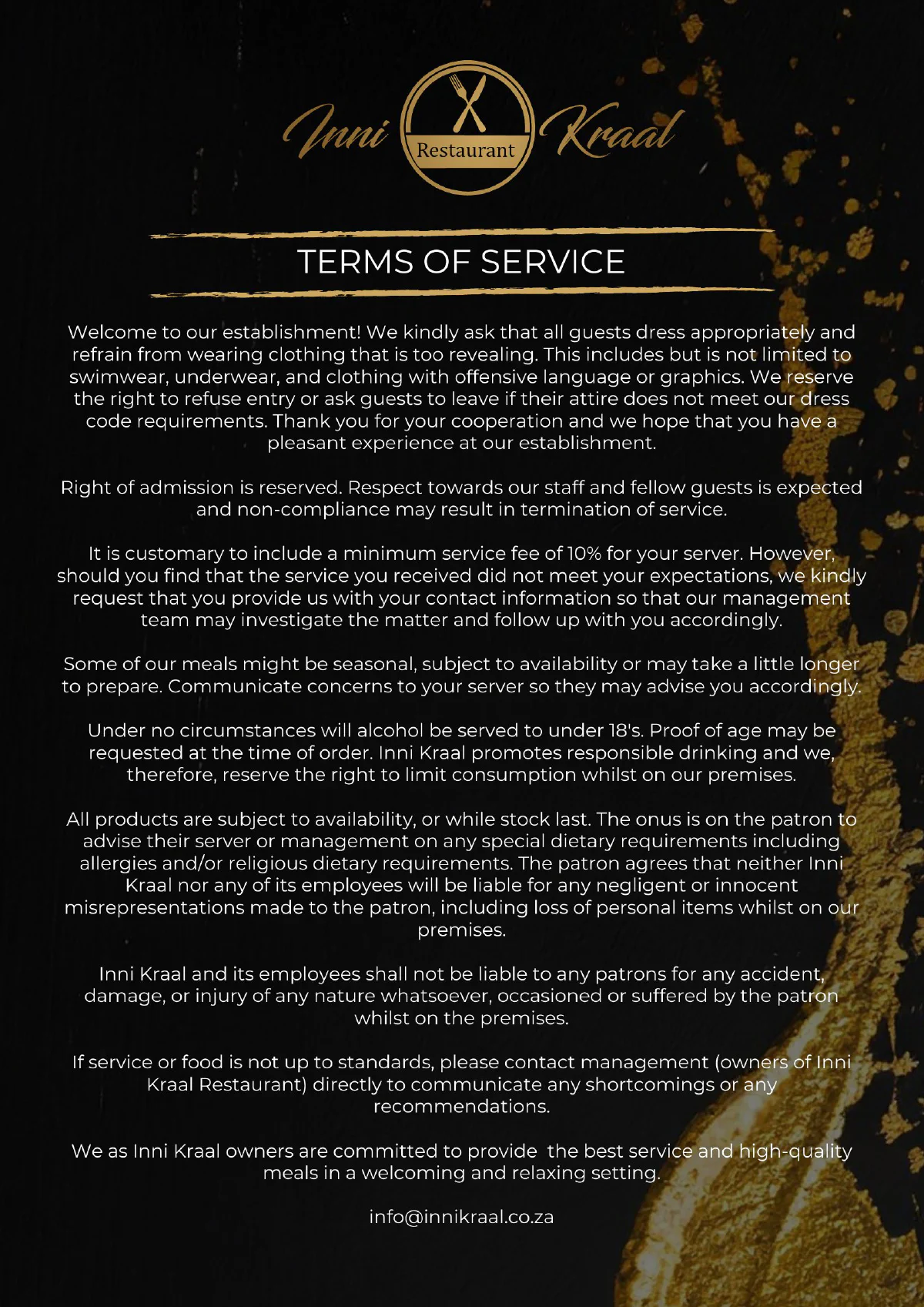 Inni Kraal menu page 9